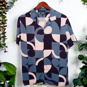 Express ★ Men's Rayon Short Sleeve Button-Up ★ 80's Retro Pastel Geo Print